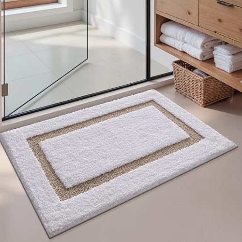 LUMI Bathroom Rug, Non Slip Absorbent Bath Mat, White Beige, 16"x24" - color: White+beige, size: 16"x24"