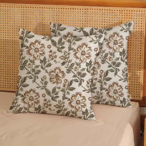 CXMEIFLY Boho Brown Green Floral Pillow Covers 18 x 18 Inch Set of 2 Vintage Block Print Flower Outdoor Decor Throw Pillows Neutral Antique Linen Farmhouse Decorative Pillowcases for Couch Bed Sofa - color: Green Brown Floral, size: 18" x 18" (Pack of 2)