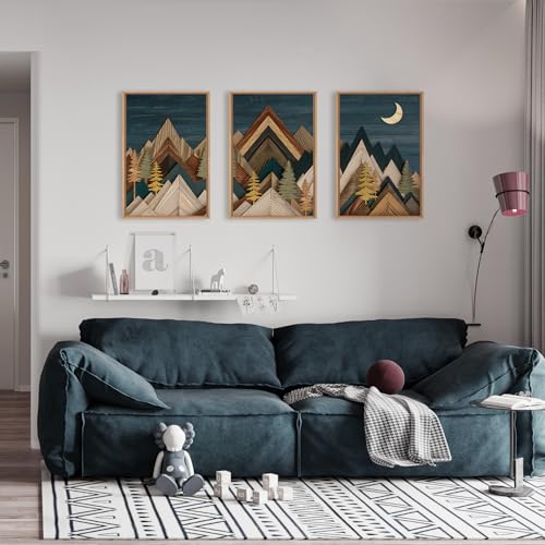 HPINUB Vintage Mountain Woodcut Style Framed Canvas Wall Art Set-16"x24"x3 - color: Woodcut Mountain Wall Art, size: 16"L x 24"W