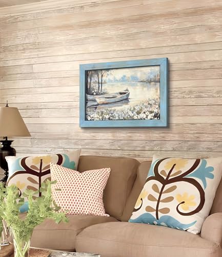 summer melody Rustic Lake Landscpe Wooden Framed Wall Art 24x16 Inch - color: Blue, size: 24"L x 16"W
