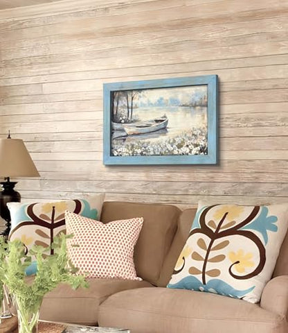 summer melody Rustic Lake Landscpe Wooden Framed Wall Art 24x16 Inch - color: Blue, size: 24"L x 16"W