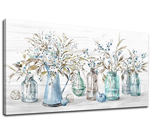 Yearainn Flowers Canvas Wall Art - Indigo Floral in Jar - Botanical Flower Bottle Canvas Artwork - 20" X 40" - Living Room, Bedroom, Office Wall Decor - color: Flowers in Jar, size: 40"L x 20"W