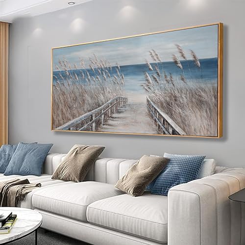 Framed Wall Art Scene Decor Canvas Print Painting Picture Artwork Framed Reed And Blue Coast Landscape Large Size For Living Room Bedroom Living Room And Office Wall Decor 29"X58" - color: Blue Gray, size: 58"L x 29"W