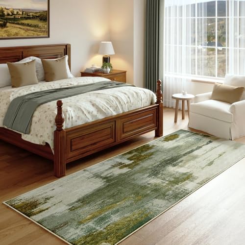 Kelarea Washable Runner Rug 2.6x8, Non-Slip Low Pile Abstract Green - color: Green, size: 2'6" x 8' (Rectangular)