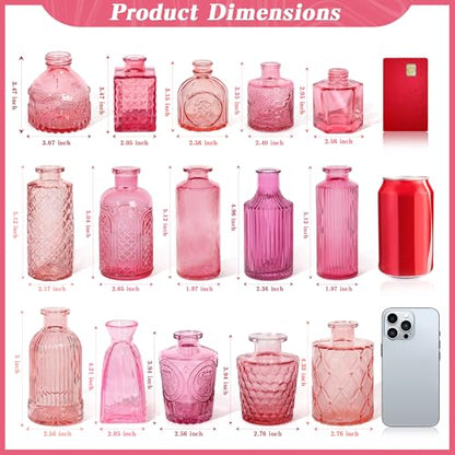 Set of 15 Pink Glass Bud Vases Small Textured Flower Vases - color: Pink