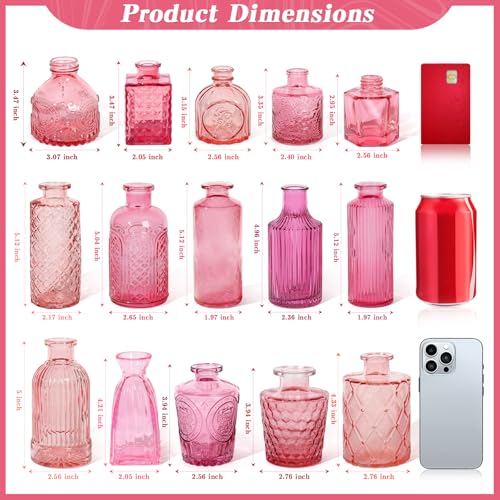 Set of 15 Pink Glass Bud Vases Small Textured Flower Vases - color: Pink