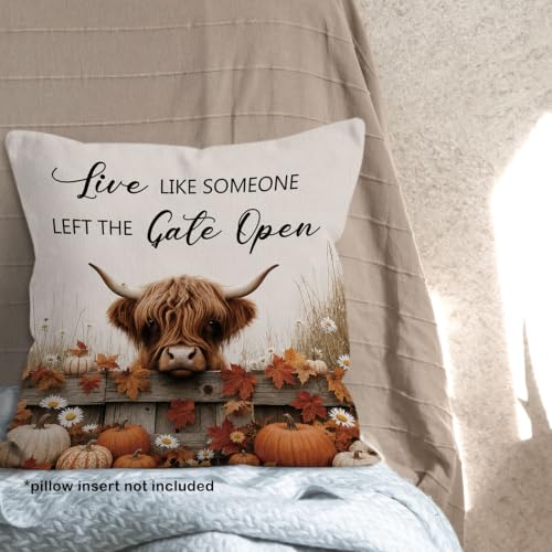 Fall Western Highland Cow Pumpkin Leaves Throw Pillow Covers 18x18 - color: Highland Cow-08