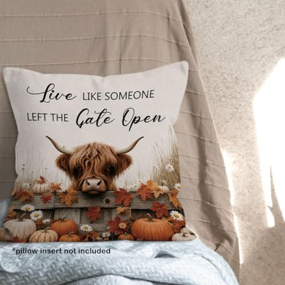 Fall Western Highland Cow Pumpkin Leaves Throw Pillow Covers 18x18 - color: Highland Cow-08