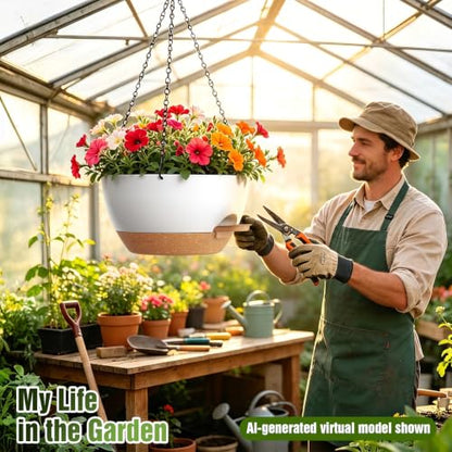 13 Inch Large Self Watering Hanging Planters 2 Pack with Saucers - color: White Brown, size: 13 Inch 2 Pack