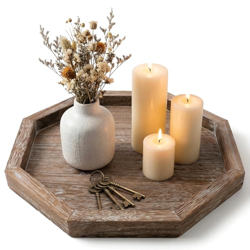 Rustic Candle Holder Plate Small Wooden Decorative Tray for Coffee Table - color: Octagon, size: 11"