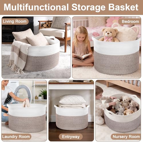 105L Large Blanket Basket Storage with Handles - White & Brown - color: Brown & White, size: 105L