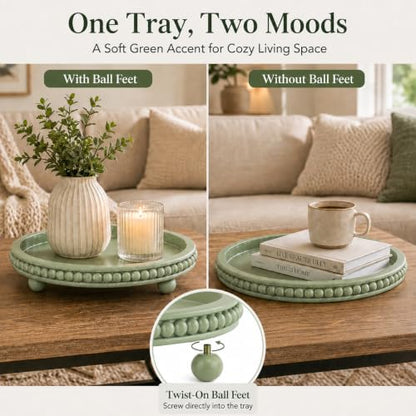 Sage Green Coffee Table Tray, 12" Round Wooden Decorative Tray - color: Sage Green