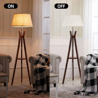 Tripod Floor Lamp with Shelves, 59'' Standing Lamp for Bedroom - color: Walnut
