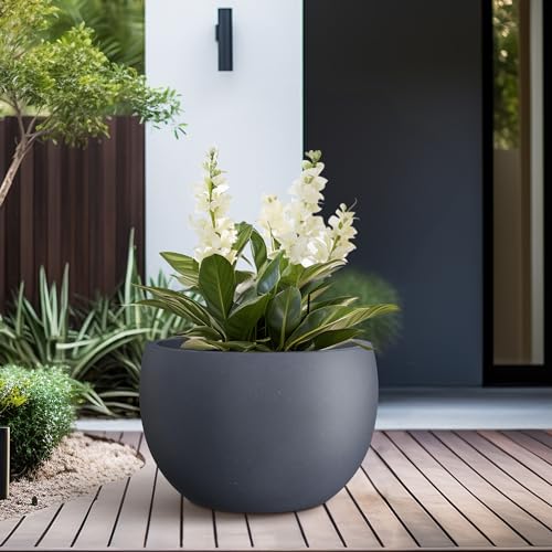 Kante Accent Round Bowl Charcoal Concrete Planter 15.7" Dia, Outdoor - color: Charcoal, size: 15.7" d