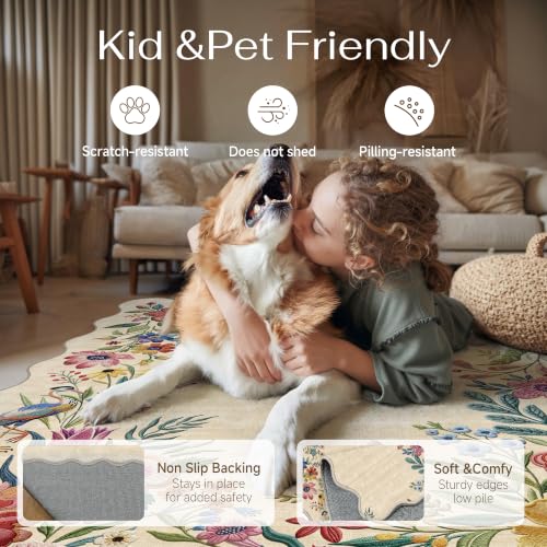 2x10 Floral Beige Scalloped Runner Rug - color: Scalloped | Beige, size: 2' x 10' (Runner)