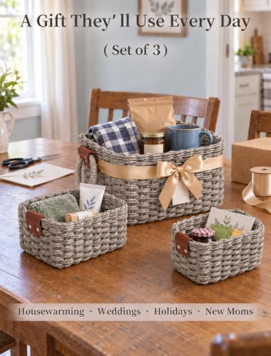 Small Wicker Baskets, 3 PCS Paper Rope Baskets for Shelves, Gray - color: Gray
