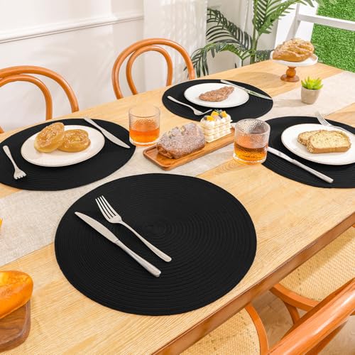 SHACOS Black Round Placemats Set of 12 Heavy Cotton Polyester Woven Braided Place Mats Washable Heat Resistant Non Slip Table Mats - color: Black, size: Set of 12