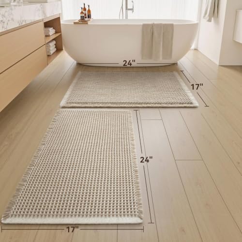 Upgraded Waffle Bath Mat Set of 2 Absorbent Non Slip Bathroom Mat 17" x 24" - color: Brown & Cream, size: 17" x 24" ( 2 PCS )