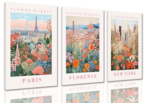 XLARTMY Flower Market Wall Art Prints Canvas Orange and Pink Floral Paintings Colorful Botanical Travel Flower Posters for Home Decor Pictures Set of 3 for Living Room Bedroom 16x24in - color: Flower Market ORange-1, size: 16x24in Canvas