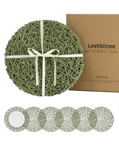 Round Bohemian Woven Paper Placemats Set of 6, Green - color: Green, size: Set of 6