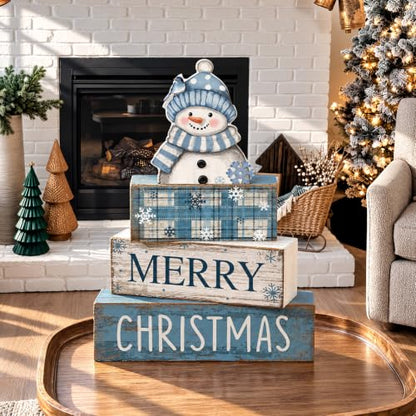 Lineshading 4 Pcs Christmas Table Decor, Blue Snowman Wooden Block Signs - style: Blue Snowman