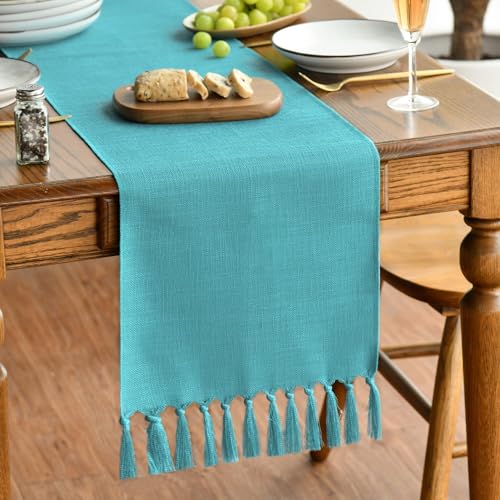 Artoid Mode Teal Tassel Table Runner, Winter Linen Blend Rustic Farmhouse Style Kitchen Table Decoration Holiday Wedding Party Dinning Decor 13x48 Inch - color: Teal, size: 13" x 48", Table Runner