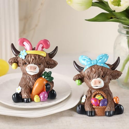 Karenhi 2 Pcs Highland Cow Figurines Resin, Bunny Ears Spring Decor - style: Easter