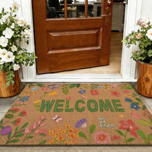 Likiyol Floral Coir Door Mat Outside Entrance, Colorful Flower Welcome Mat Front Door Mats Non Slip Spring Doormat Outdoor Indoor Entrance, Low Profile, 24" x 36" - color: Brown, size: 2' x 3' (Rectangular)