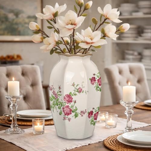 White Ceramic Vase, 9.2 Inch Vintage Flower Decor and Handcrafted Floral Centerpieces, Elegant Handmade Pottery Accent for Dining Table Living Room Wedding Housewarming Gift Decor - size: 9.2 inches