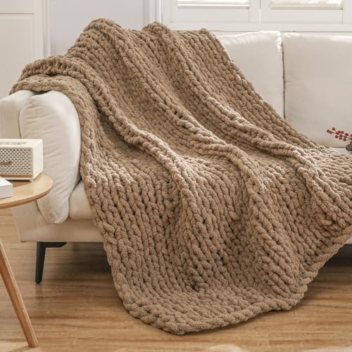 WESHIONGOO Chunky Knit Blanket Throw for Couch Bed 51"×63" Brown - color: Brown, size: 51"x63"(Large Size Throw)