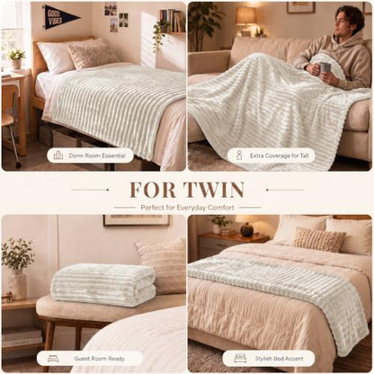 HIMEET Beige Twin Blanket for Bed, 300GSM Ribbed Fleece, 60 x 80 Inches - color: Beige, size: Twin (60" x 80")