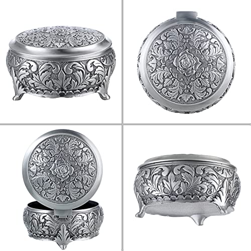 Hipiwe Metal Jewelry Box Vintage Ring Holder Small Round Trinket Organizer - style: Round,Silver