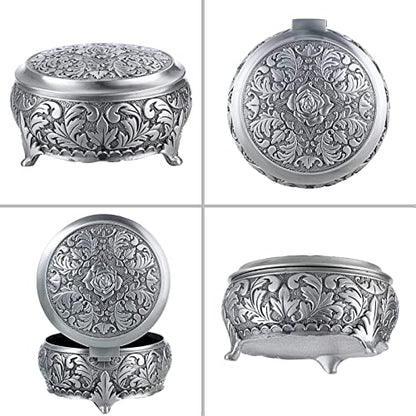 Hipiwe Metal Jewelry Box Vintage Ring Holder Small Round Trinket Organizer - style: Round,Silver