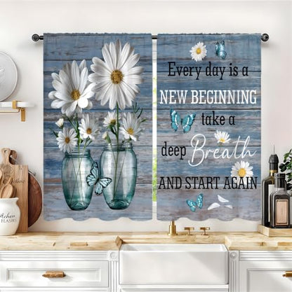 Farmhouse Rustic Daisy Flower Kitchen Curtains 2 Panels Teal Blue Plank Inspirational Quote Small Short Cafe Tier Window Treatment Drapes Butterfly Bathroom Bedroom Curtain 27.5W X 39L Inches - color: 10 Farmhouse Rustic Daisy, size: 27.5"W x 39"L (Pack o