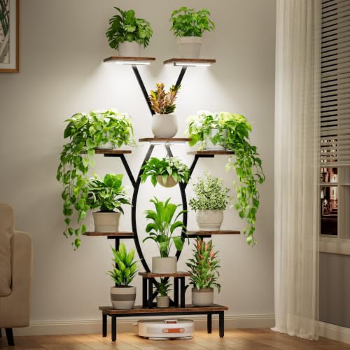JUSTOGO Plant Stand Indoor with Grow Lights - 9 Tiered Tall Plant Shelf