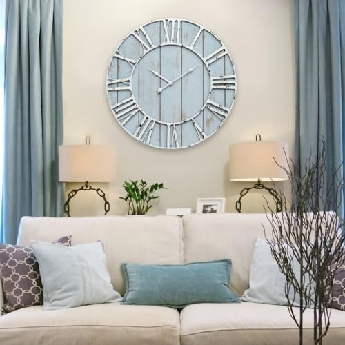 EMAX HOME Large Farmhouse Wall Clock 24 Inch Vintage Blue Wooden Wall Clock with Quiet Ticking and Minimalist Roman Numerals for Bedroom Living Room Office Kitchen Home Decor, Battery Operated - color: Blue, size: 24 Inch