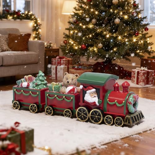 Hodao Christmas Train Decorations – Hand-Painted Resin Santa Claus Gift Train with Teddy Bear, Christmas Tree and Presents, Festive Ornament for Home, Tabletop, Shelf, Mantel, Décor