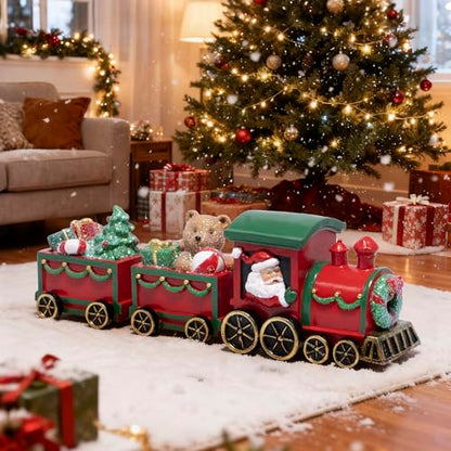 Hodao Christmas Train Decorations – Hand-Painted Resin Santa Claus Gift Train with Teddy Bear, Christmas Tree and Presents, Festive Ornament for Home, Tabletop, Shelf, Mantel, Décor