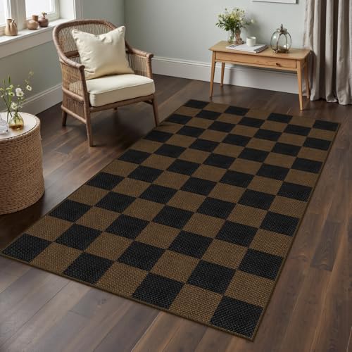 Rugalia Easy Jute Checkered Area Rug, 3x5 Indoor Outdoor Entryway Rug Washable Coffee Checkerboard Kitchen Rugs, Non-Slip Modern Farmhouse Throw Carpet for Living Room Patio Kids Room - color: Coffee Checkered, size: 3' x 5' (Rectangular)