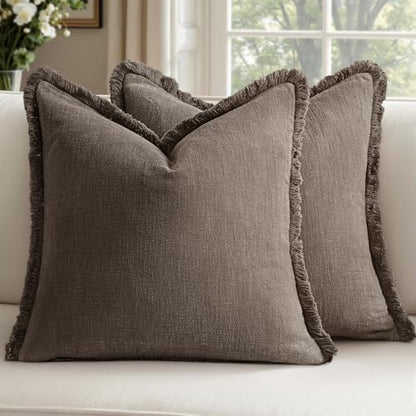 24x24 Inch Set of 2 Euro Linen Fringe Throw Pillow Covers,Coffee - color: Coffee, size: 24" x 24" (Pack of 2)