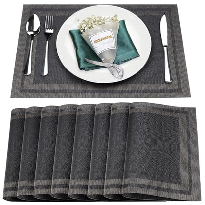 Placemats Set of 8, Vinyl Woven Black Non Slip Table Mats - color: Black Gold, size: 8PCS 12"Wx18"L