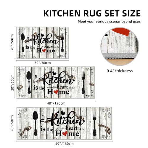 Non Slip Kitchen Mats for Floor Washable Kitchen Rugs Sets of 3, White Grey - color: Heart-white Grey, size: 20"x32"+20"x48"+20"x59"