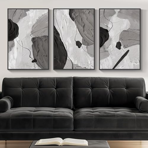 Framed Black and White Modern Abstract Wall Art, 3 Piece Canvas Prints Paintings Artwork for Walls, Minimalist Black White Grey Pictures for Living Room Dining Room Bedroom Office Wall Decor 16x24 In - color: Black White Grey, size: 16" W x 24" H x 3Pcs