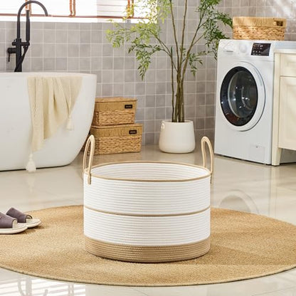 KAKAMAY Large Blanket Basket with Handles, Storage Basket for Living Room - color: Brown and White