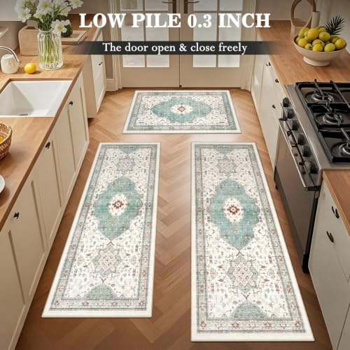 Boho Kitchen Rug Set of 3, Non-Slip Washable Water Green Kitchen Mat - color: Water Green, size: 20"x32"+20"x48"+20"x59"