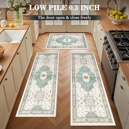 Boho Kitchen Rug Set of 3, Non-Slip Washable Water Green Kitchen Mat - color: Water Green, size: 20"x32"+20"x48"+20"x59"