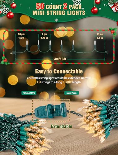 Hopolon Clear Christmas Lights Set 2 Pack 50 Count Green Wire Mini Lights - color: Clear,Green Wire, size: 2PACK, 50 count