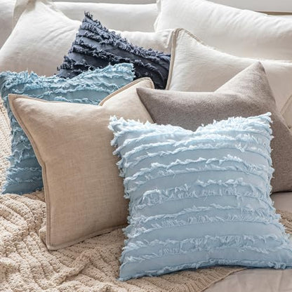 MIULEE Boho Linen Striped Throw Pillow Covers 18x18, Light Blue - color: Light Blue, size: 18" x 18" (Pack of 2)
