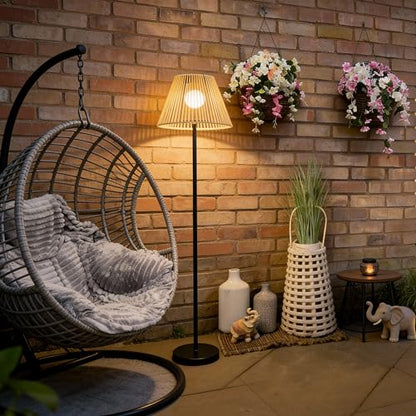 Solar Outdoor Floor Lamp with Rattan Shade, Adjustable Height