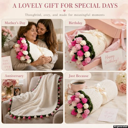 Tulip Crochet Flower Bouquet Blanket, Handmade Knitted Throw Blanket - color: Pink Tulip, size: Medium